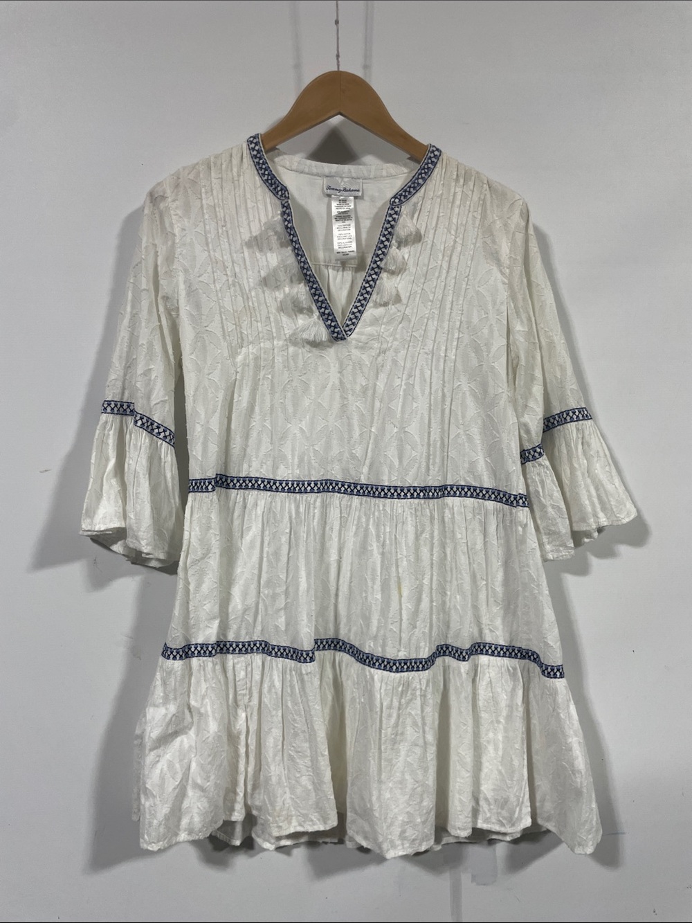 Tommy Bahama White Midi Dress with Blue Embroidery